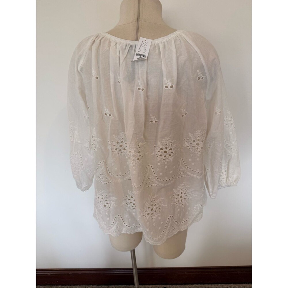 NWT New York & Company White Eyelet Cotton Boho Blouse Tassel Tie Size Medium - Picture 5 of 7